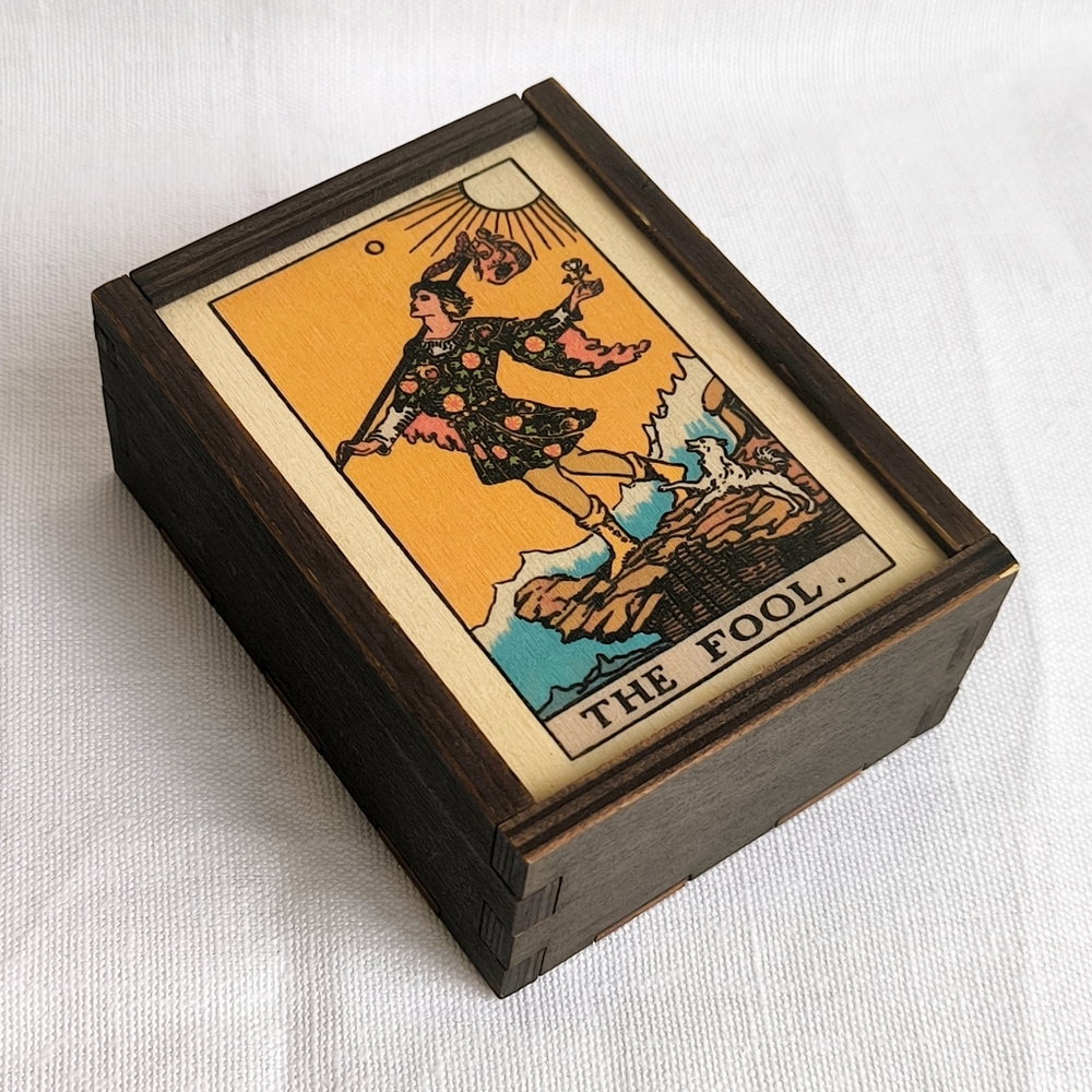 Handmade wooden trinket box with The Fool tarot card design